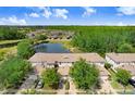 Scenic aerial view of the townhome community, highlighting the serene pond and greenery at 19281 Stone Hedge Dr, Tampa, FL 33647