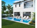 Inviting backyard featuring a sparkling blue pool, spa, modern patio furniture, and a built-in outdoor kitchen at 3408 W Arch St, Tampa, FL 33607
