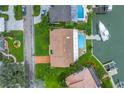 Expansive aerial view of waterfront home featuring a private pool and boat dock on a scenic canal at 4935 58Th S Ave, St Petersburg, FL 33715