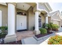 Inviting entryway with stately columns, decorative lighting, and lush landscaping at 10016 Oxford Chapel Dr, Tampa, FL 33647