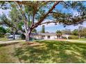Spacious front yard view of single-story home featuring mature trees and lush green lawn at 3075 Rosery Ne Rd, Largo, FL 33771