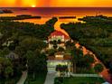Stunning aerial view of waterfront homes with lush trees and vibrant sunset at 8717 Betty St, Port Richey, FL 34668