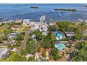 Overhead view of residential neighborhood featuring mature trees, pools, and well-maintained properties at 273 Shore Dr, Palm Harbor, FL 34683