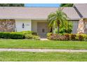 Close up of the front door with decorative landscaping, a palm tree, and beautiful stonework at 2850 Allapattah Dr, Clearwater, FL 33761