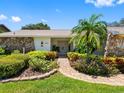 Charming home featuring a stone facade and a beautifully landscaped front yard with a walkway leading to the front door at 2850 Allapattah Dr, Clearwater, FL 33761