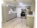 Updated kitchen with gray cabinetry, stainless steel appliances, granite countertops, and wood-look flooring at 4832 Tampa Downs Blvd, Lutz, FL 33559