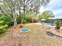 Well-maintained backyard with a fire pit, lush trees, and a screened-in pool area at 11272 Portsmouth St, Spring Hill, FL 34609