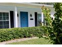 Up close shot of the white brick home's door with black accents and manicured bushes in front at 7229 Northbridge Blvd, Tampa, FL 33615