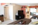 Living room with a television, storage, and a doorway to the balcony and dining area at 9950 47Th N Ave # 311, St Petersburg, FL 33708