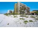 Scenic beach view showing the condo buildings with palm trees on a clear, sunny day at 1480 Gulf Blvd # 109, Clearwater Beach, FL 33767