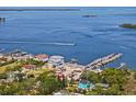 Beautiful aerial view featuring a coastal neighborhood, marina, and boats sailing in the expansive bay at 271 Kayli Ln, Palm Harbor, FL 34683