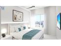 Bright bedroom with a king-sized bed, modern furnishings, and a view of the cityscape through a large window at 411 E Shore Drive # 201, Clearwater Beach, FL 33767