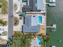 A beautiful aerial view of a single Gathering home with a luxurious pool and a boat dock at 2140 Dolphin S Blvd, St Petersburg, FL 33707