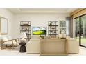 Cozy living room featuring contemporary shelving, a large screen TV, and access to the backyard at 6853 E 115Th St, Palmetto, FL 34221