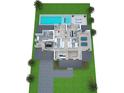 Aerial floor plan showcasing an open concept layout with a pool, multiple bedrooms, living spaces, and a two-car garage at 3622 S Coolidge Ave, Tampa, FL 33629