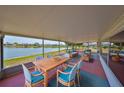 Relaxing screened patio with water views, a dining table set, and cozy seating area for entertaining at 1207 Norwich Cir, Sun City Center, FL 33573