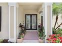 Elegant entryway showcasing double doors, stately columns, and colorful potted plants, creating a warm welcome at 3243 Watermark Dr, Wesley Chapel, FL 33544