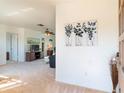 Bright foyer leading into a spacious living area with fresh paint, neutral carpet, and large wall decorations at 6251 Danbury St, Spring Hill, FL 34606