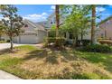 Home's landscaped front yard showcasing mature trees, lush greenery, and a well-maintained lawn at 10511 Mistflower Ln, Tampa, FL 33647