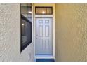 Stylish front door with sidelight and transom window, showcasing a welcoming entrance to the home at 5150 Bay Isle Cir, Clearwater, FL 33760