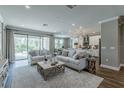 Bright, open-concept living room with neutral furnishings and sliding glass doors that let in natural light at 712 Estates Blvd, Tarpon Springs, FL 34689