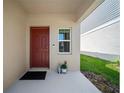 A cozy front porch features a neutral colored door with modern fixtures and potted plants at 7797 Peace Lily Ave, Wesley Chapel, FL 33545