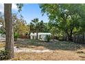 Spacious backyard featuring lush trees, a metal roof home, and a full wooden fence at 4112 Alafia Blvd, Brandon, FL 33511