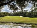 Scenic view of the lush golf course with mature trees, a pond, and a sand trap at 5132 Pinnacle Dr, Oldsmar, FL 34677