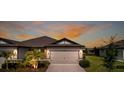Home exterior with a two-car garage and cozy landscaping highlighted against the sunset at 6206 Mooring Line Cir, Apollo Beach, FL 33572