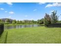 View of backyard and pond with black chain link fence on property line at 9309 Tradewater Oaks Ct, Riverview, FL 33578