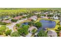 Scenic aerial view of a residential neighborhood featuring ponds and lush green landscaping at 19227 Garden Quilt Cir, Lutz, FL 33558