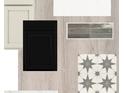 Sample board showing cabinet, tile, and countertop materials in neutral tones at 5287 Everlong Dr, Apollo Beach, FL 33572