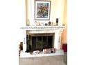 Close up of fireplace with painted details, screen, and hearth at 2101 Sunset Point Rd # 205, Clearwater, FL 33765