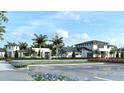 A modern clubhouse exterior with ample parking, surrounded by lush greenery and colorful landscaping at 11500 Myakka Blue Dr, Venice, FL 34293