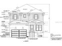 Detailed architectural plan showcasing the front elevation of a two-story home with precise measurements and construction notes at 4316 S Renellie Dr, Tampa, FL 33611