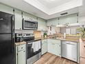 The kitchen features light-green cabinets, stainless steel appliances and wood-look flooring at 129 Cypress Ct, Oldsmar, FL 34677