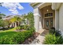 Inviting front entrance with a decorative glass door, manicured landscaping, and a well-maintained lawn at 17616 Nathans Dr, Tampa, FL 33647