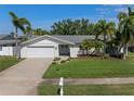 Inviting single-story home boasts a manicured lawn, front garden beds, and mature palm trees at 1849 Del Robles Dr, Clearwater, FL 33764