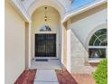 Elegant entryway showcasing a double-door entrance, arched window, and modern exterior lighting at 1333 Dragon Head Dr, Valrico, FL 33594
