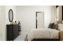 Bright bedroom with a dark dresser, decorative mirror, a plant and neutral colored bedding at 17504 Nectar Flume Dr, Land O Lakes, FL 34638
