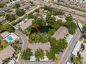 Aerial view of community with pond, mature trees, pool, and convenient parking at 2170 Elm St # 906, Dunedin, FL 34698