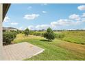 Scenic backyard view with lush green grass, mature trees, and a serene pond at 10420 Echo Dock Loop, San Antonio, FL 33576