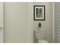 Bathroom features a toilet, a piece of wall art, and a shower with a striped shower curtain at 11848 Blue Diamond Trl, Parrish, FL 34219