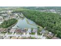 Aerial view of homes by a lake surrounded by lush greenery and forest in a peaceful neighborhood at 29542 Forest Glen Dr, Wesley Chapel, FL 33543