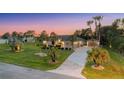 Wide angle view showcasing the home, lengthy drive, and lush landscaping, complete with palm trees and verdant lawn at 10117 Breezy Pines Ct, Weeki Wachee, FL 34613