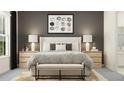 Stylish bedroom with a large bed, a neutral color scheme, and views to the bathroom at 12062 Violet Jasper Dr, Parrish, FL 34219