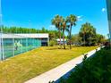 Lush community area featuring mature palm trees and a tennis court at 1849 Abrico Dr # K9, Lutz, FL 33558