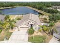 Aerial view of a charming single-story home with a lake view and mature landscaping at 10911 Rockledge View Dr, Riverview, FL 33579