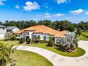 Stunning Mediterranean-style home with a circular driveway, lush landscaping, and a terracotta roof at 304 Hawk Talon Dr, Lithia, FL 33547
