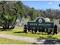 Welcome to Deer Hollow at East Lake: a community sign with a water fountain in the background at 1300 Shady Pine Way # B, Tarpon Springs, FL 34688